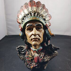 Resin Native American Warrior Small Bust Feathered War Bonnet Headdress